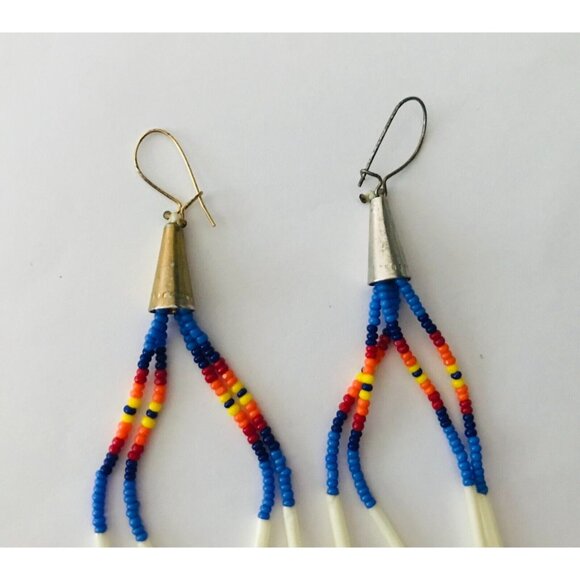 Beaded Dangle Earrings Seed Beads Handmade Hooks Native American Blue Orange - Picture 4 of 5